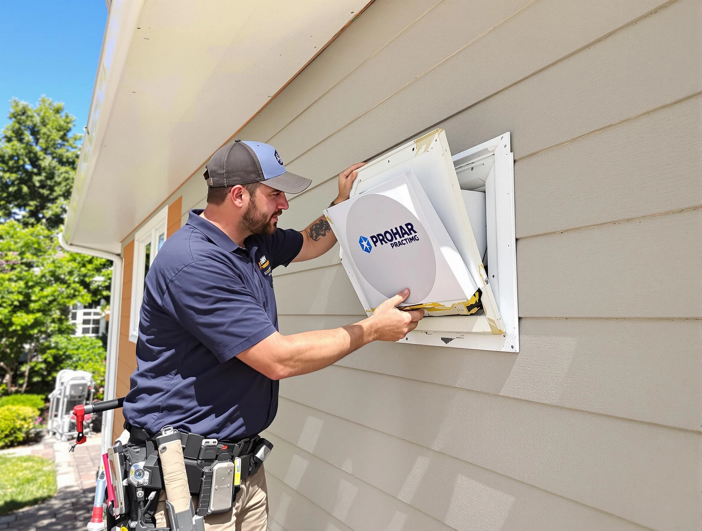 Los Chaves Dryer Vent Cleaning technician installing a new protective dryer vent cover on a home in Los Chaves