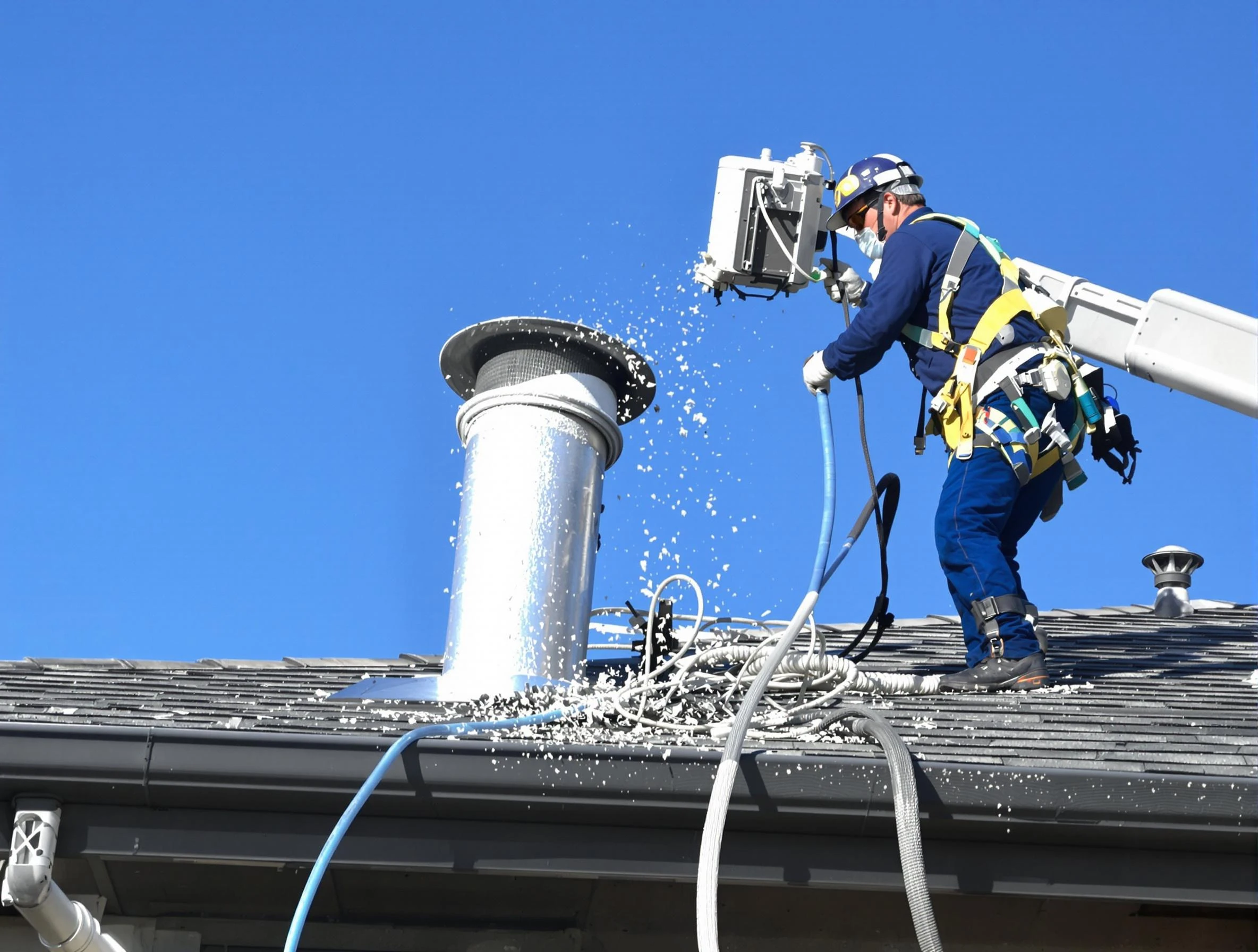 Los Chaves Dryer Vent Cleaning certified technician safely cleaning a roof-mounted dryer vent in Los Chaves