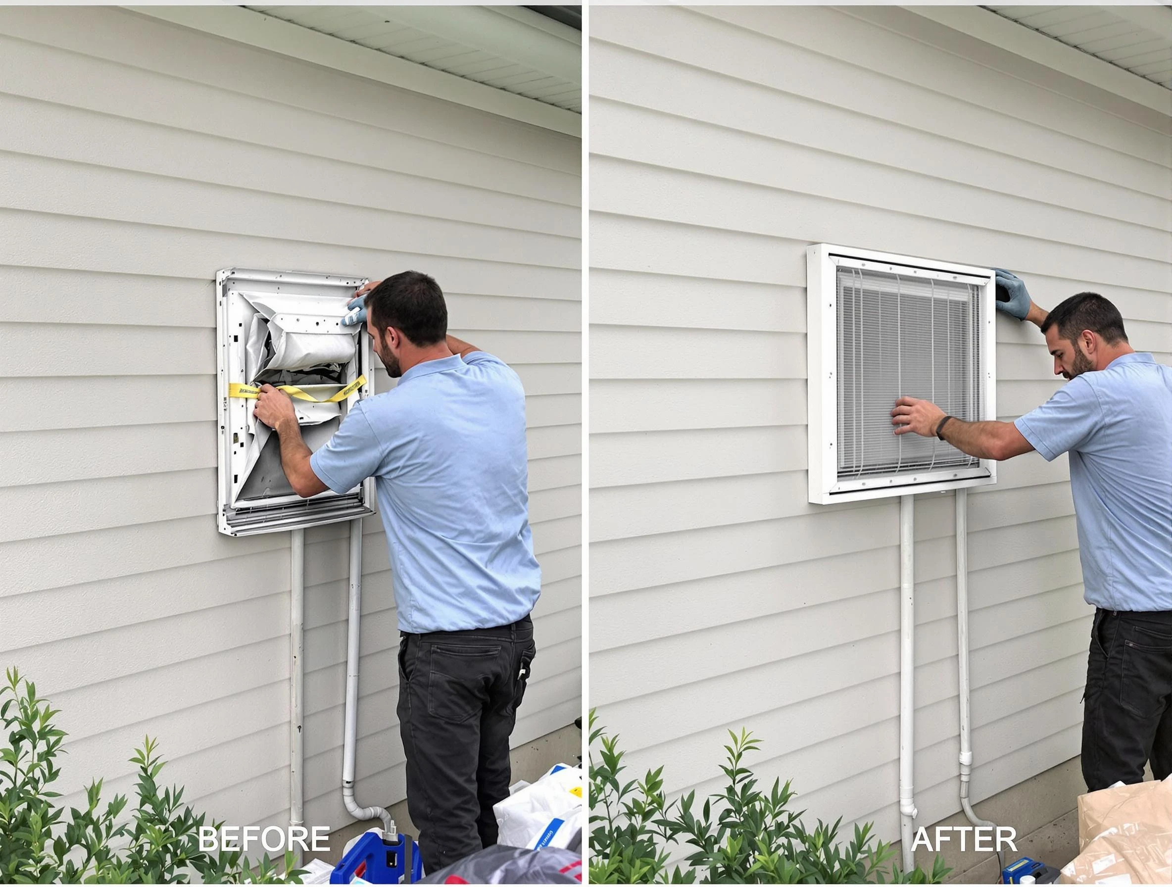 Los Chaves Dryer Vent Cleaning technician installing high-quality dryer vent cover at a residential property in Los Chaves